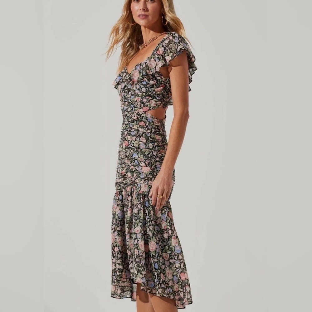 ASTR The Label - Floral Ruffle Midi Dress with Side Cutouts - Black/Pink